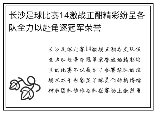 长沙足球比赛14激战正酣精彩纷呈各队全力以赴角逐冠军荣誉
