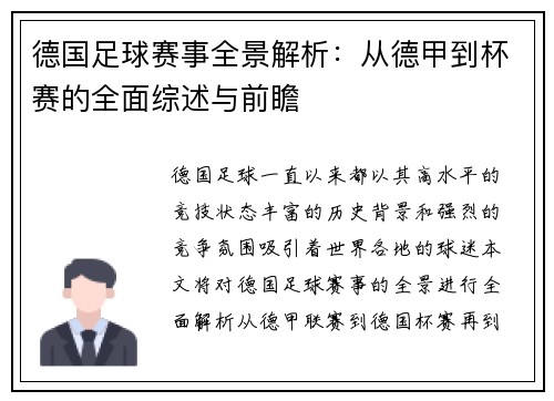 德国足球赛事全景解析：从德甲到杯赛的全面综述与前瞻