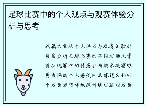 足球比赛中的个人观点与观赛体验分析与思考