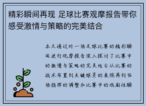 精彩瞬间再现 足球比赛观摩报告带你感受激情与策略的完美结合