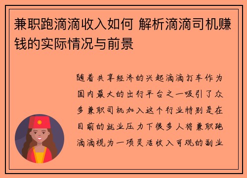 兼职跑滴滴收入如何 解析滴滴司机赚钱的实际情况与前景