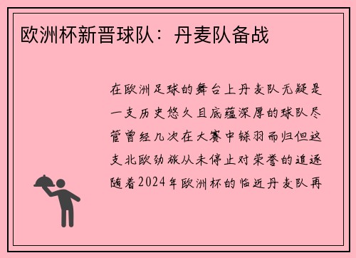 欧洲杯新晋球队：丹麦队备战