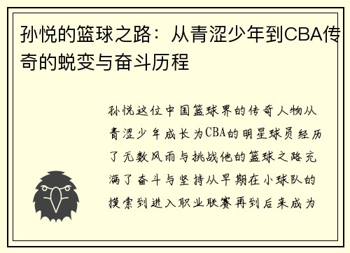 孙悦的篮球之路：从青涩少年到CBA传奇的蜕变与奋斗历程