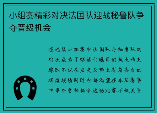 小组赛精彩对决法国队迎战秘鲁队争夺晋级机会