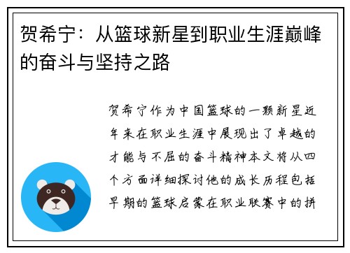 贺希宁：从篮球新星到职业生涯巅峰的奋斗与坚持之路