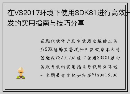 在VS2017环境下使用SDK81进行高效开发的实用指南与技巧分享