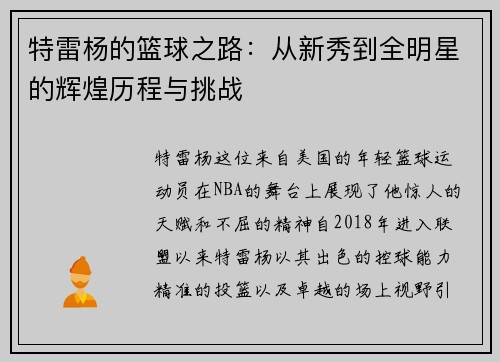 特雷杨的篮球之路：从新秀到全明星的辉煌历程与挑战