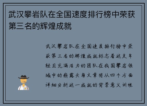 武汉攀岩队在全国速度排行榜中荣获第三名的辉煌成就