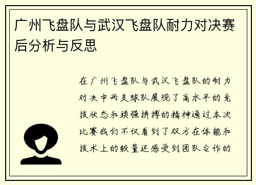 广州飞盘队与武汉飞盘队耐力对决赛后分析与反思