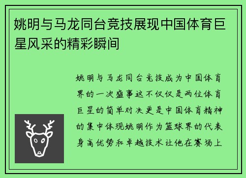 姚明与马龙同台竞技展现中国体育巨星风采的精彩瞬间