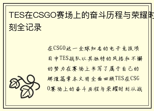 TES在CSGO赛场上的奋斗历程与荣耀时刻全记录