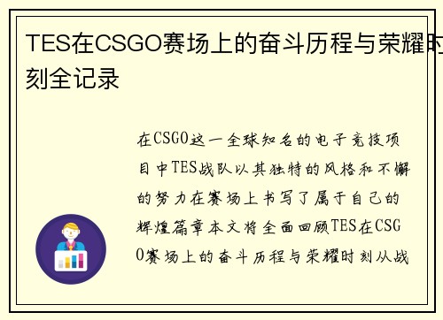 TES在CSGO赛场上的奋斗历程与荣耀时刻全记录