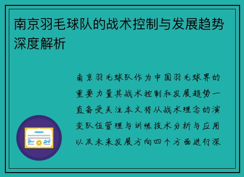 南京羽毛球队的战术控制与发展趋势深度解析