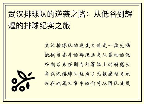 武汉排球队的逆袭之路：从低谷到辉煌的排球纪实之旅